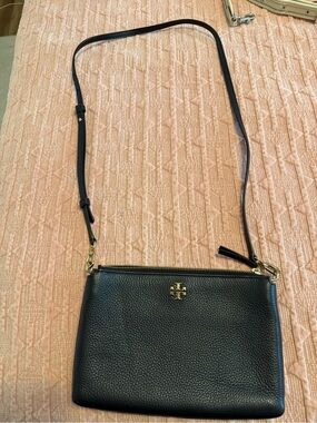 Tory Burch Black Pebbled Leather Double-Zip Crossbody with Gold Logo